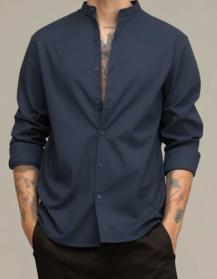 Chinese Collar Plain Shirt (Dark Gray)