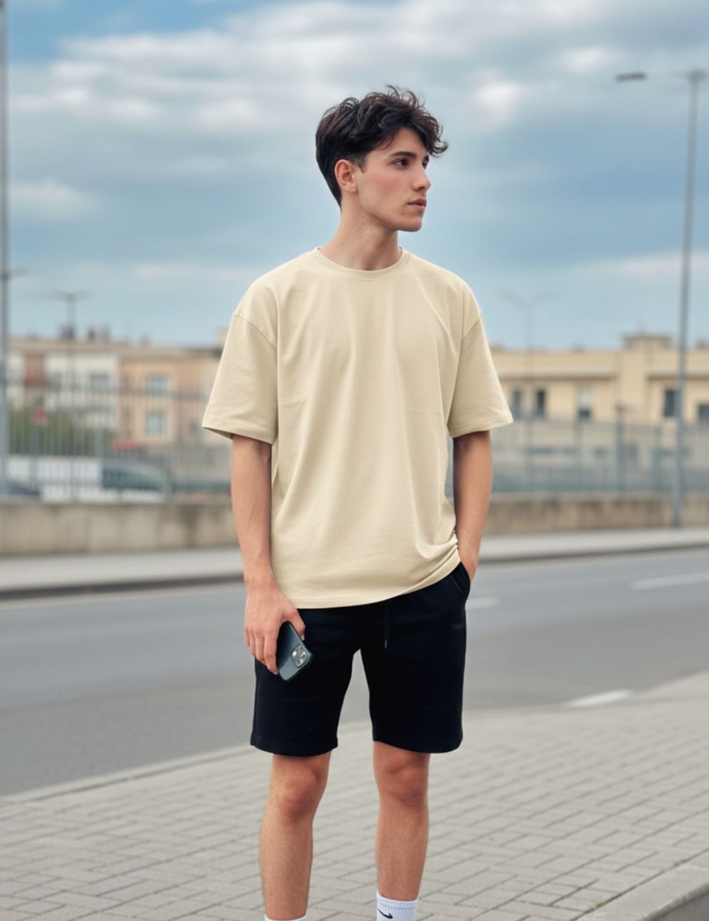 Oversize Half Hand T-Shirt (Beige)