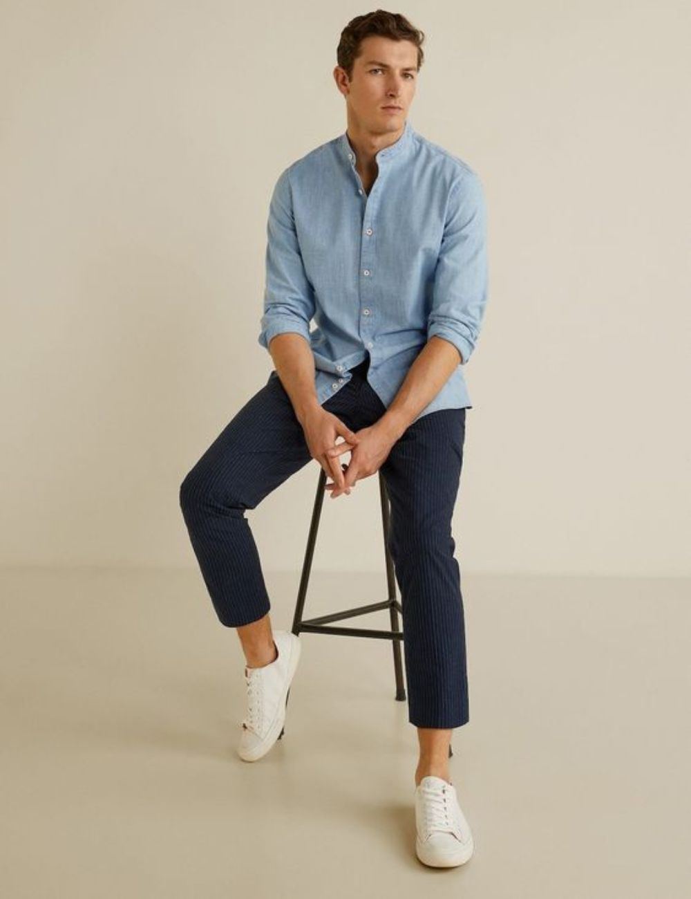 Chinese Collar Plain Shirt (Blue)