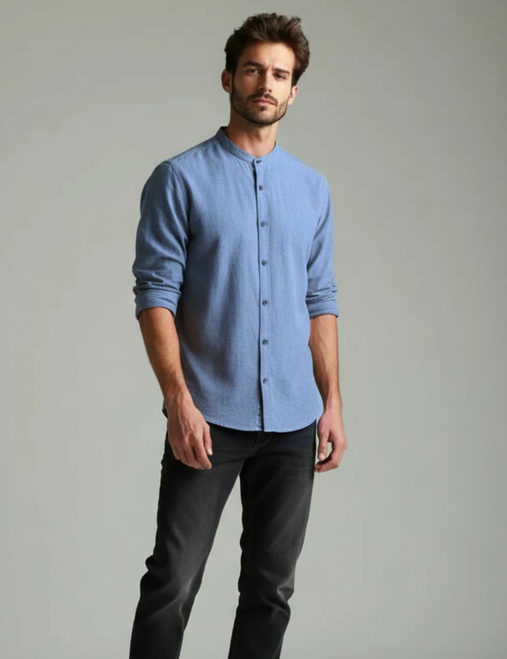 Chinese Collar Plain Shirt (Blue)
