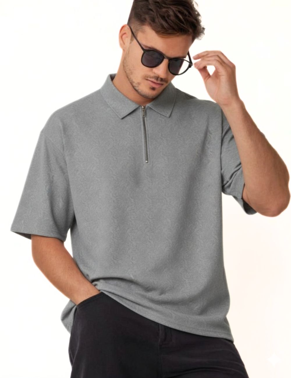 Zipper Half Hand T-Shirt (Gray)