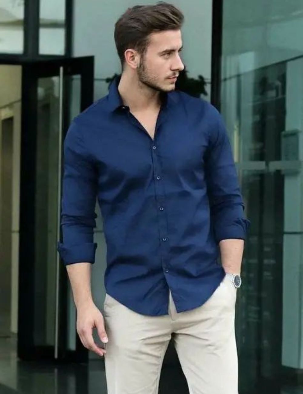 Party Wear Plain Shirt (Navy)