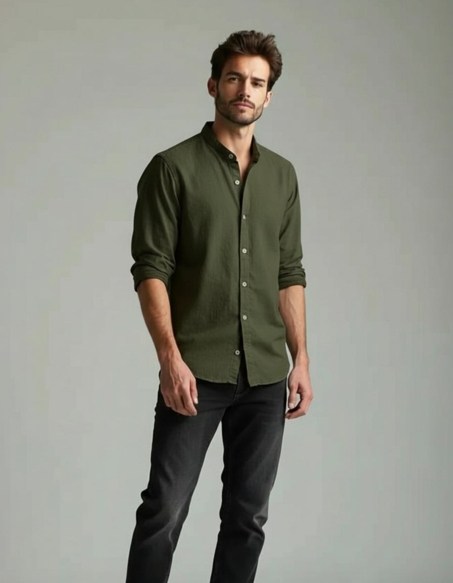 Chinese Collar Plain Shirt (Green)