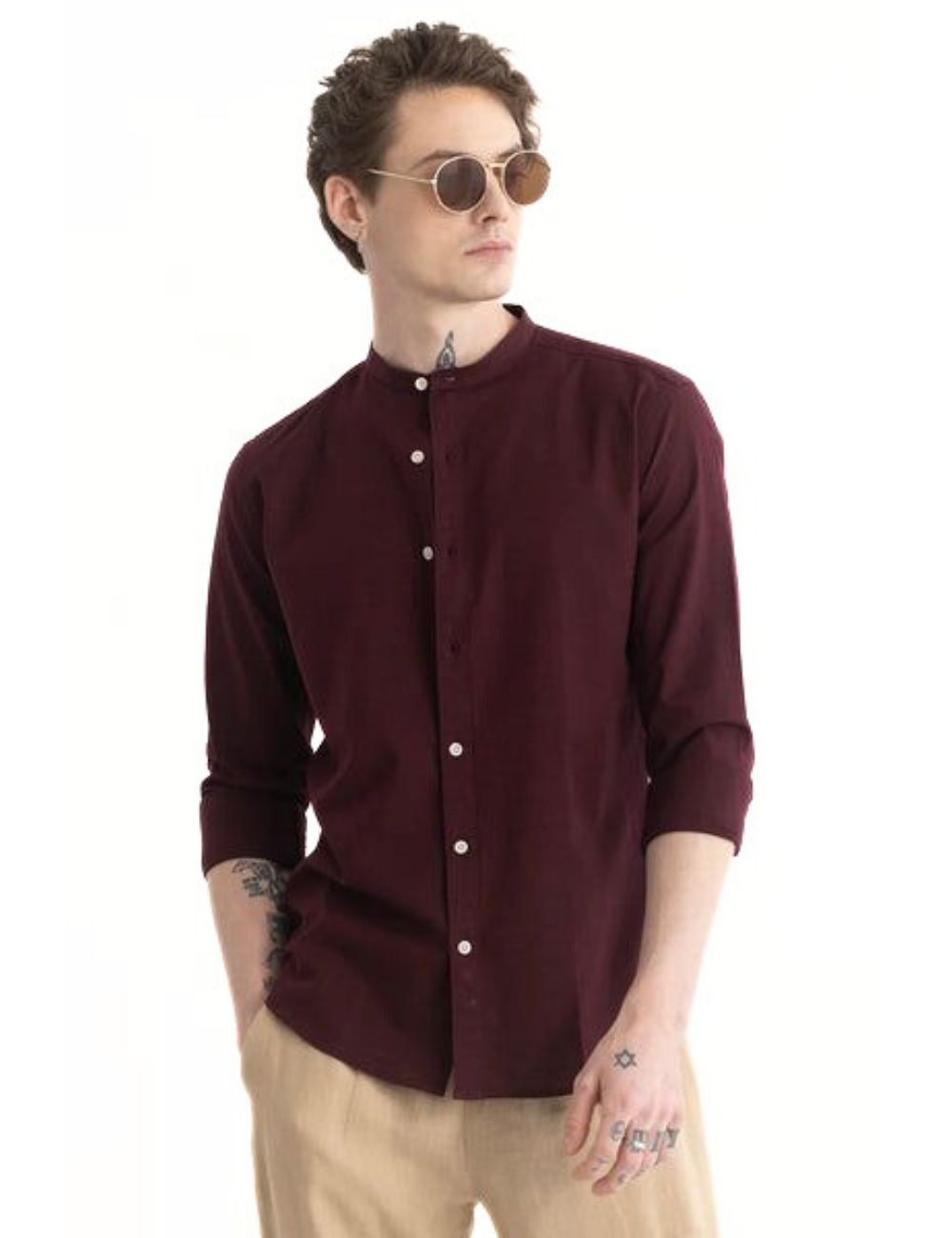 Chinese Collar Plain Shirt (Maroon)