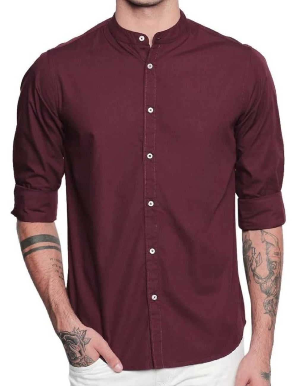 Chinese Collar Plain Shirt (Maroon)