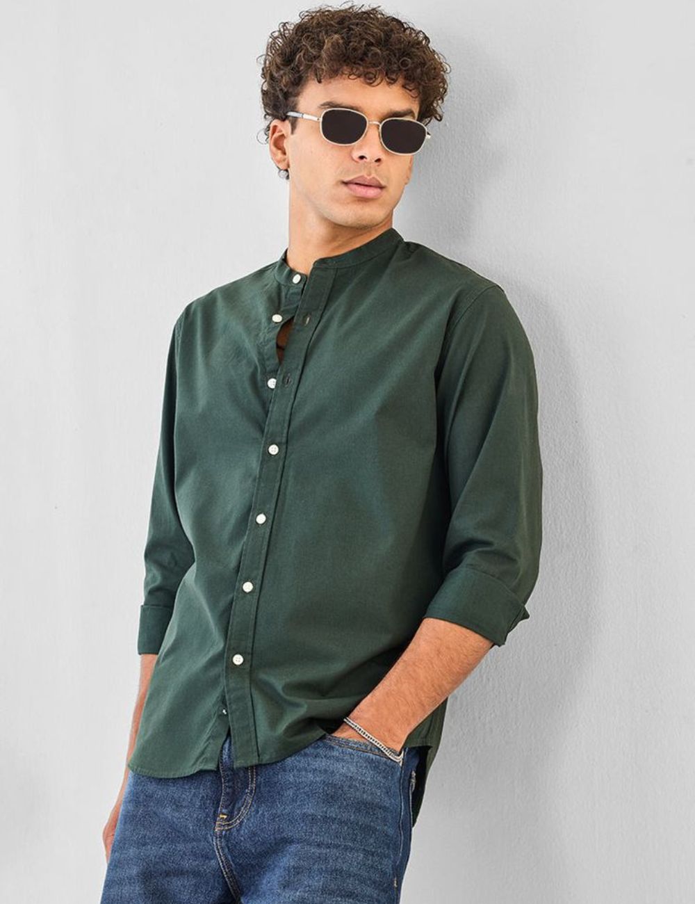 Chinese Collar Plain Shirt (Dark Green)