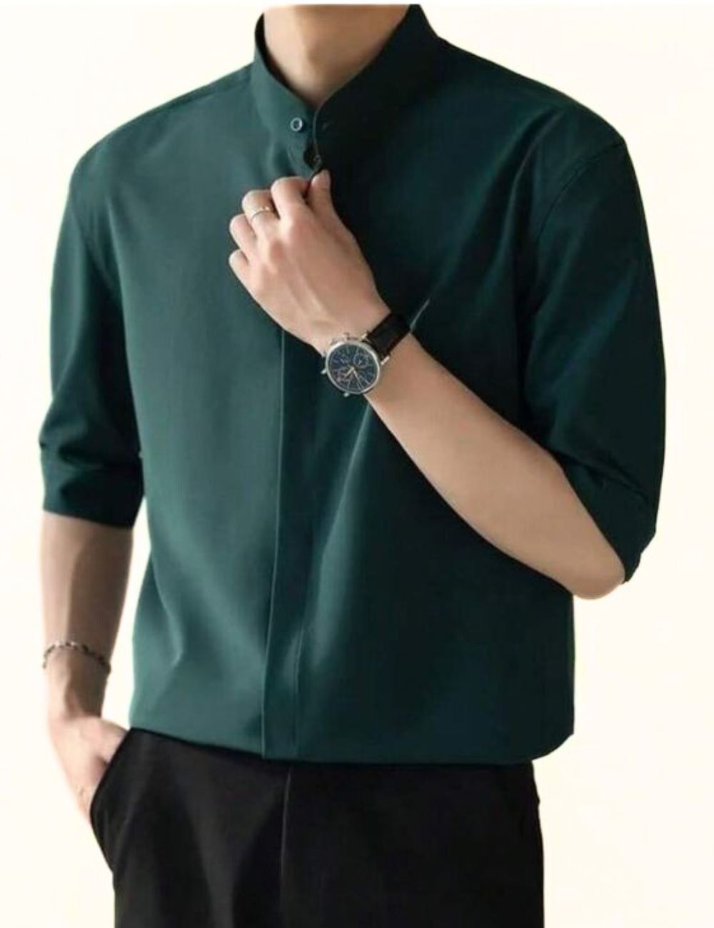 Chinese Collar Plain Shirt (Dark Green)