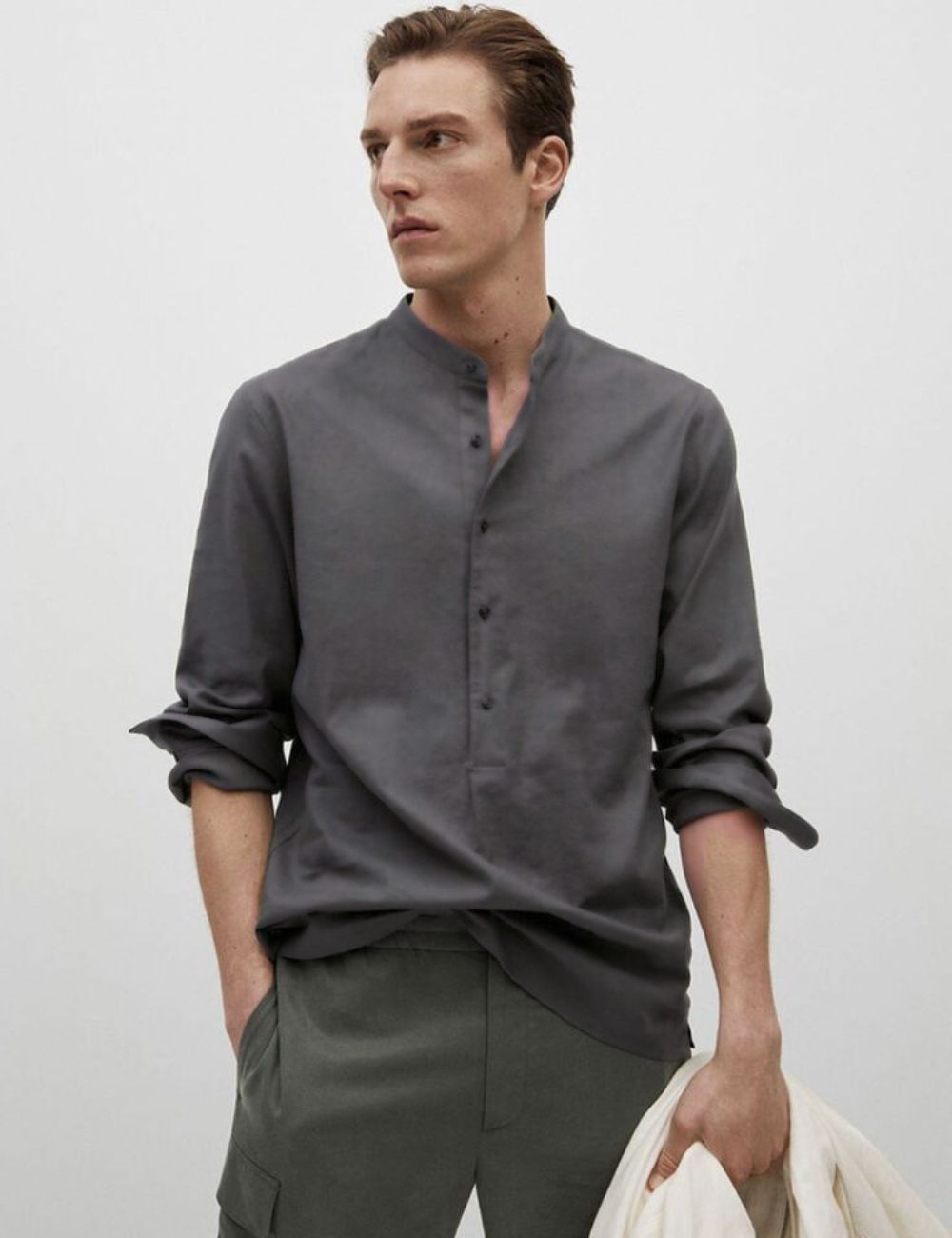 Chinese Collar Plain Shirt (Dark Gray)